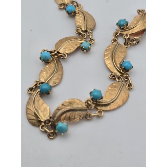 Vintage 14k Gold Leaf and Turquoise Bracelet – Elegant Handcrafted Design - Picture 3 of 6